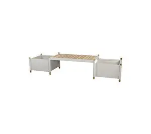 To plantekasser forbundet af en slattet bænk med lys finish.